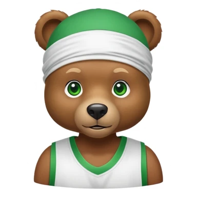 Cute brown bear with green eyes shown up to shoulders, wearing a white durag and black basketball jersey, visible upper chest and shoulders, iOS emoji style sticker