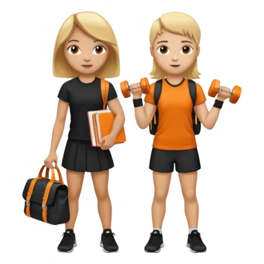 light skin students girl and boy with school bag full of books on hand and dumbell in other hand. Clothes are in black and orange colours. They are going to the gym. They have brown and blonde hair. Dumbell is visible in hand. They are teaching about sport sticker