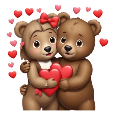female bear with bow on her head and male bear hugging, couple, surrounded by hearts, playful and loving, cute sticker