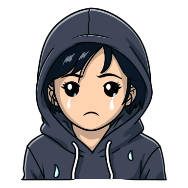 girl with black hair in black hoodie with tears streaming down her face sticker