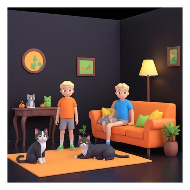 boy and cat pet, living room background sticker