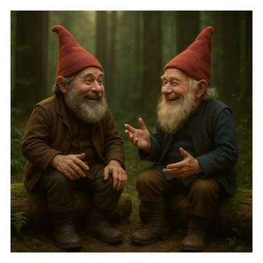 realistic style, two gnomes on logs in a forest, talking and laughing, subtle magical elements, soft lighting sticker