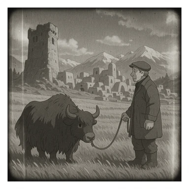 8mm film black and white, no color, light leaks. the image shows post-war reconstruction-era life in the z'rian commonwealth capital region, santa-fe neo-adobe futuristic architechture. arctic temperate region. there is a tattered tower-bastion, a vast field and a middle-aged man with a large black yak sticker