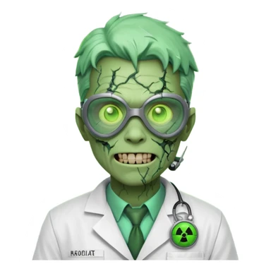 radioactive zombie scientist portrait, head and shoulders only, glowing toxic veins, cracked goggles, lab coat with radiation badge, sinister smile, 3D cartoon, mobile game icon style, clean background, no text, no watermark
 sticker