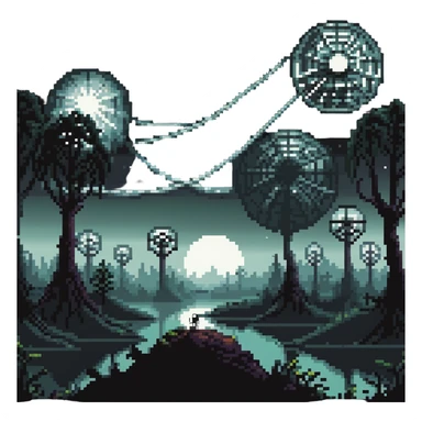alien planet with giant trees and spider web cities sticker