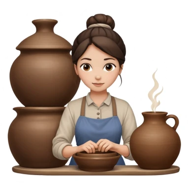 Brunette girl with a bun, behind the potter's wheel, wearing neutral clothing sticker
