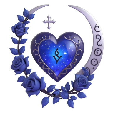 gothic heart, midnight blue glass, silver crescent moon, tiny black roses, shimmering stardust, glowing rune pattern sticker