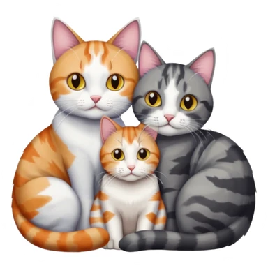 two cats in love, a colourful light patched calico + white tabby cat cuddling a bigger cat that is dark grey and white tabby cat sticker