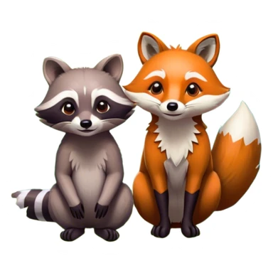 Collage of a raccoon and a fox, in close-up, surrounded by a colorful forest with rich green trees, thick bushes, and vibrant foliage. Sunlight peeks through the branches, casting warm light on the animals. A lively, natural setting with a transparent background. sticker