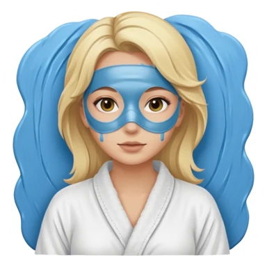 Blonde women wearing a white spa robe with a blue mud mask on sticker