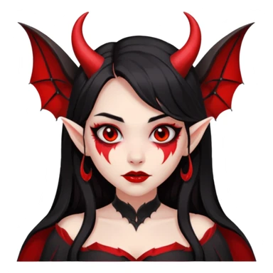 demon girl, skin red , black long hair, small horns, bat wing, black open-back dress, bold black outlines, red+black palette sticker