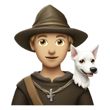young medieval pilgrim with hat and white little dog sticker