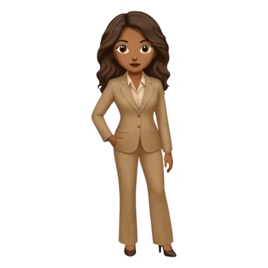 dark brown woman with medium brown long wavy hair with middle part and an executive tan pant suit  sticker