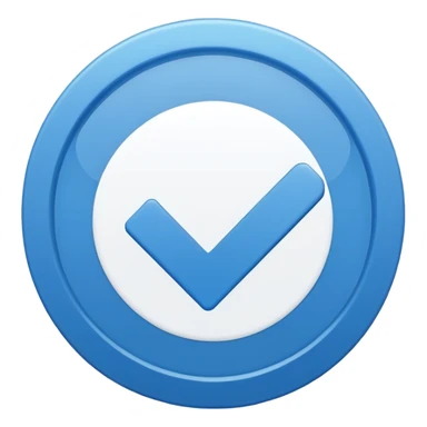 Simple icon, blue circle with a white checkmark in the center, clean white background, flat design, minimal style, clear and sharp, no text, no shadow. sticker
