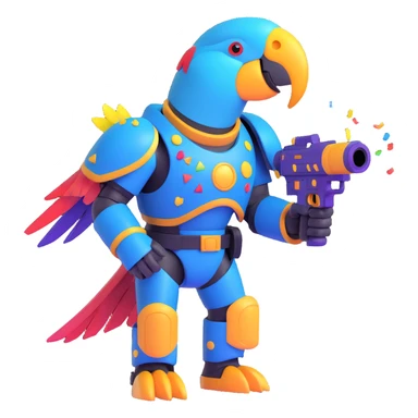 party parrot as a space marine, wearing futuristic armor, holding a confetti blaster, colorful and fun sticker