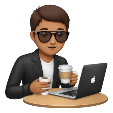man wearing sunglasses holding a coffee cup and working on a laptop sticker