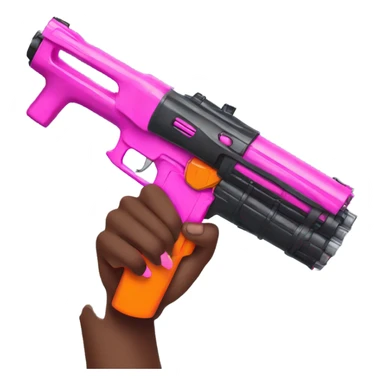 brown hand with pink nails holding large scary dark nerf gun sticker