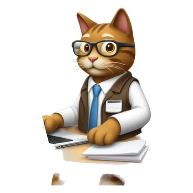 Create an emoji of a happy brown cat with computer glasses, typing on a computer and taking notes. The cat is sitting on an ergonomic chair, with a coffee mug, a potted plant, and wearing a jacket because the office AC is cold. sticker