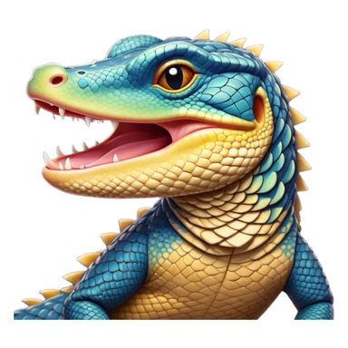 Cinematic Cute Yawning Monitor Lizard Portrait Emoji, Head tilted slightly with a dramatic, wide-open yawn, showcasing textured, patterned scales and sleepy, half-closed eyes exuding relaxed charm, Simplified yet irresistibly adorable features, highly detailed, glowing with a soft, cozy glow, high shine, relaxed yet expressive, stylized with a dash of whimsical wildness, soft glowing outline, capturing the essence of a drowsy yet affectionate reptile that appears ready to stretch out for a nap! sticker