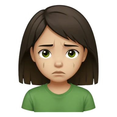 Young girl with straight, dark, damaged, and unkempt hair, wearing a green T-shirt, with a sad and discouraged expression. sticker