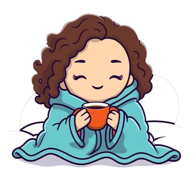 White girl with curly brunette hair inside a blanket sipping coffee with eyes closed, cozy winter morning sticker