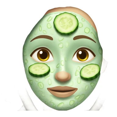 White girl with Brown hair and blue eyes wears a Green clay colored skincare textured mask and puts on cucumbers around her eyes while She relaxes in her white Robe sticker