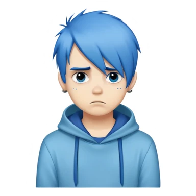 an emo boy with blue hair and emo haircut hiding one eye, his expression is bored and blase sticker