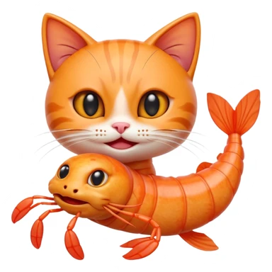 A cute 3D hybrid creature combining a cat and a shrimp, with a cat’s head and a shrimp’s body, bright orange tones, big expressive eyes, smiling face, cartoon style, soft lighting, smooth textures, emoji-like design, high-quality digital illustration. sticker
