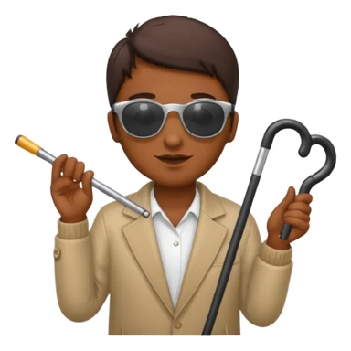 A blind person wearing sunglasses and holding a guide cane sticker