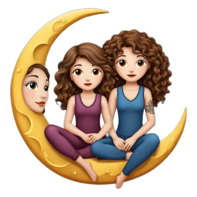 moon bench — long wavy brown hair tattooed woman and short tight curly brown hair woman — sitting on crescent moon sticker