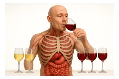 corpo umano con apparato digerente che  ha davanti a sè qualche bicchiere di vino bianco e qualche bicchiere di vino rosso, lui sta bevendo un bicchiere di vino rosso, non fare che ha il cibo in mano, prendi solo spunto dallo stile grafico della foto che ho allegato, sfondo bianco, realistico 4k sticker