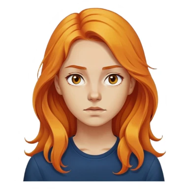 Nữ 20 tuổi, da vàng, tóc dài nhuộm màu cam hơi xoăn nhẹ, mặt nghiêm túc, nửa thân trên, áo màu xanh đen sticker