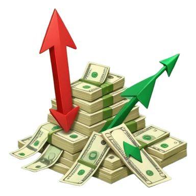 a pile of money infront of strategy paper with one red arrow up sticker