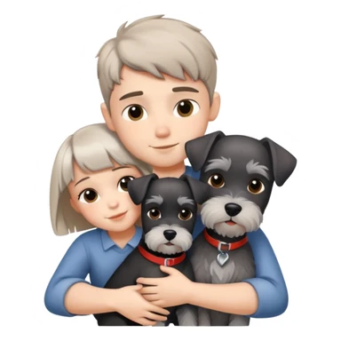 a boy and a shorthair girl hugs a Schnauzer sticker
