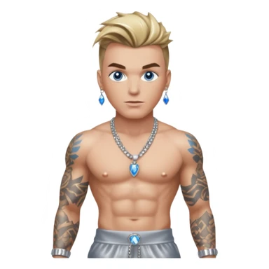 Vanilla Ice with blue eyes, dark blonde hair, shirtless with necklace, metallic silver harem pants  sticker