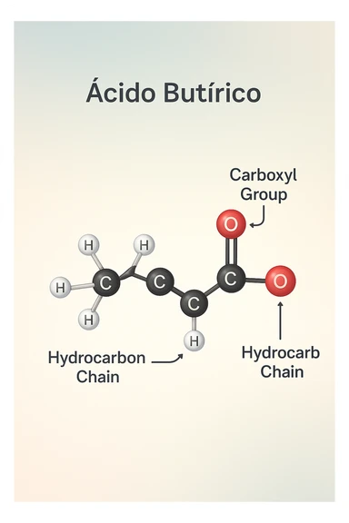 the acido butirrico molecule floats in the center, with animated arrows or labels pointing to the carboxyl group and the hydrocarbon chain. The background is a soft gradient, and the overall style is clean, professional, and suitable for educational materials. sticker