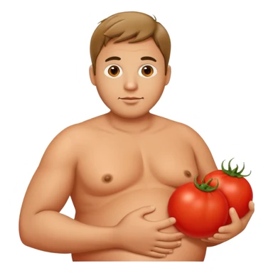 very pregnant man with a round red tomato as his pregnant belly sticker