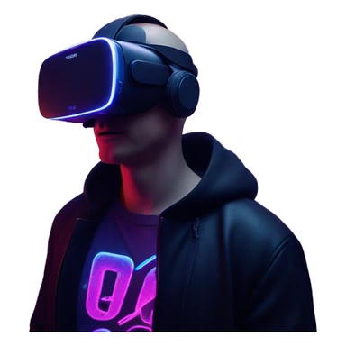 Russian man wearing a black hoodie with "OMG" letters on it and VR headset oculus quest 2 in a cyberpunk VR environment with violet neon lighting. Showing direction with hand sticker