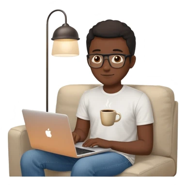 Père noël développeur de teint noir, assis dans un coin cosy de son salon un week-end, ordinateur portable ouvert affichant du code. Lumière naturelle douce, ambiance calme. Habillé simplement (t-shirt clair, jean ou short), tasse de café/thé à côté. sticker