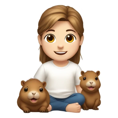 happy baby white child grinning with long brown hair kind of messy hair, smiling next to capybara sticker