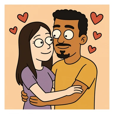 cartoon couple, pale girl with long straight dark brown hair no facial hair, tan boy with short black curly hair, small goatee and separate mustache, multiple hearts around the couple sticker