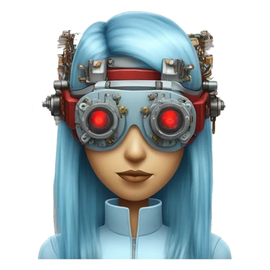 Light blue long hair female cyborg head with red steampunk goggles and circuits sticker