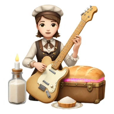 cinematic ultra HD steampunk victorian - a bottle of salt (salt shaker) and a loaf of peasant bread with a small electric telecaster guitar - still life composition sticker