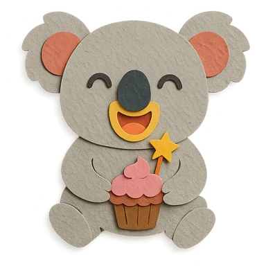 full-body laughing koala holding cupcake with star candle, paper-craft style sticker