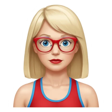 45 yr old white woman, pale skin, long straight blond hair parted in center, blue eyes, bangs, clothes for gym, big red glasses sticker