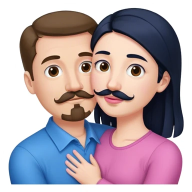 Tall white man with brown mustache goatee wearing blue hugged by a short pale woman with long black hair wearing pink sticker