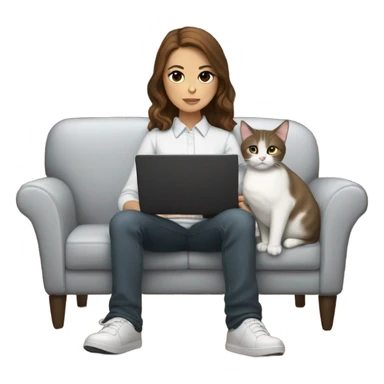 Light skinned girl with brown hair sitting on the couch laptop on her lap next to small gray and white tuxedo cat sticker