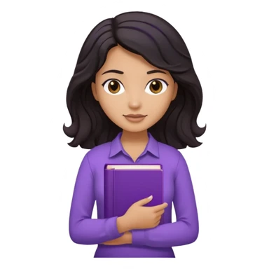 Long Hair Women, with Black dark wavy hair, with purple Book, beige shir, without background sticker