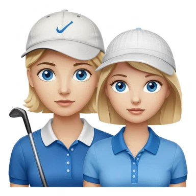 Blonde woman with blue eyes wearing hat playing golf with white man with brown hair and brown eyes wearing blue polo sticker