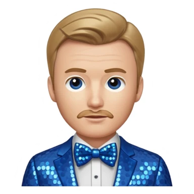 Chris Evans with dark blonde hair, blue sequin suit with bow tie sticker
